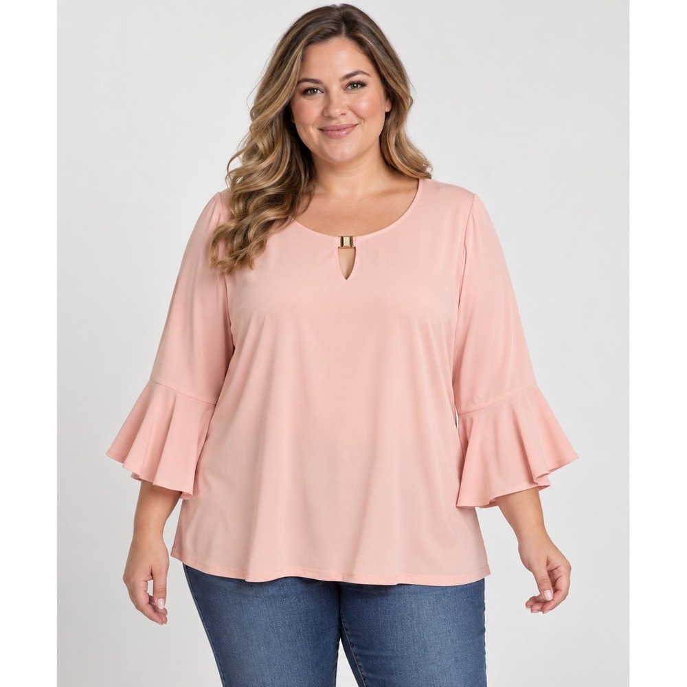 Calvin Klein Women's 2X Blush Pink Keyhole Blouse Bell Sleeve Stretch Plus Size